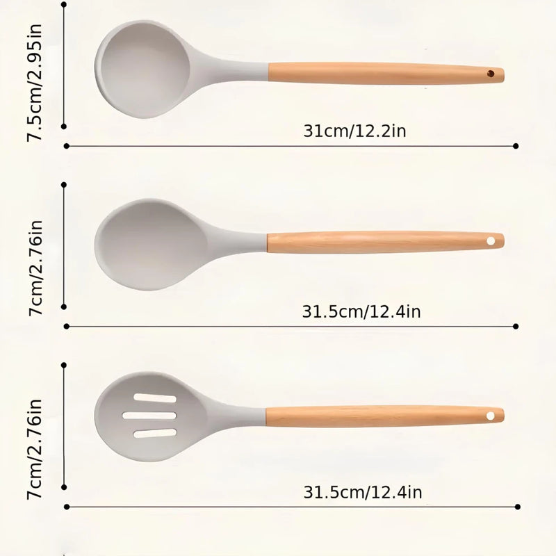 Conjunto de Utensílios de Cozinha de Silicone com Cabo de Madeira