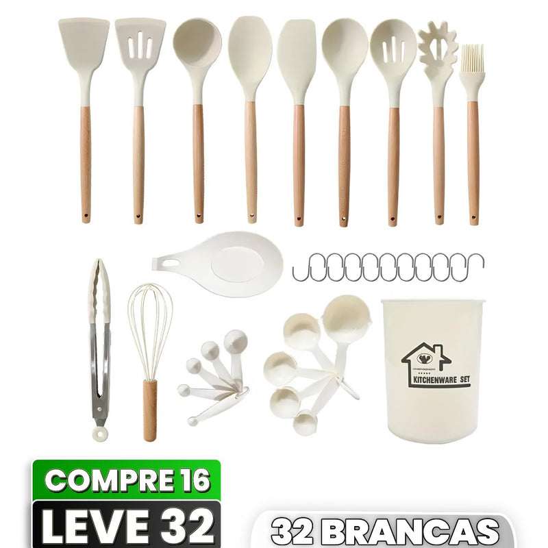 Conjunto de Utensílios de Cozinha de Silicone com Cabo de Madeira