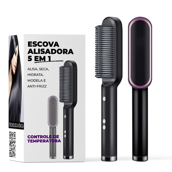 Escova Alisadora 5 em 1 - Alisa, Seca, Hidrata, Modela e Anti-Frizz - Bivolt - Guavarina